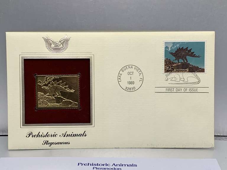 OCTOBER 1ST 1989 FIRST DAY OF ISSUE PTERANODON PICTURE ON US GOLD STAMP REPLICA WITH COA image
