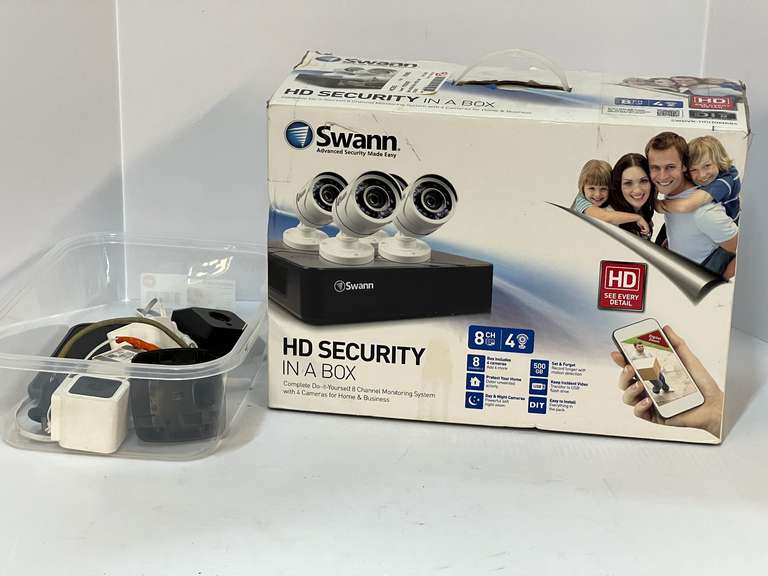 Swann HD security camera system, comes in original box, also includes security cameras and cell phone, tub is not included, see pictures for details. image