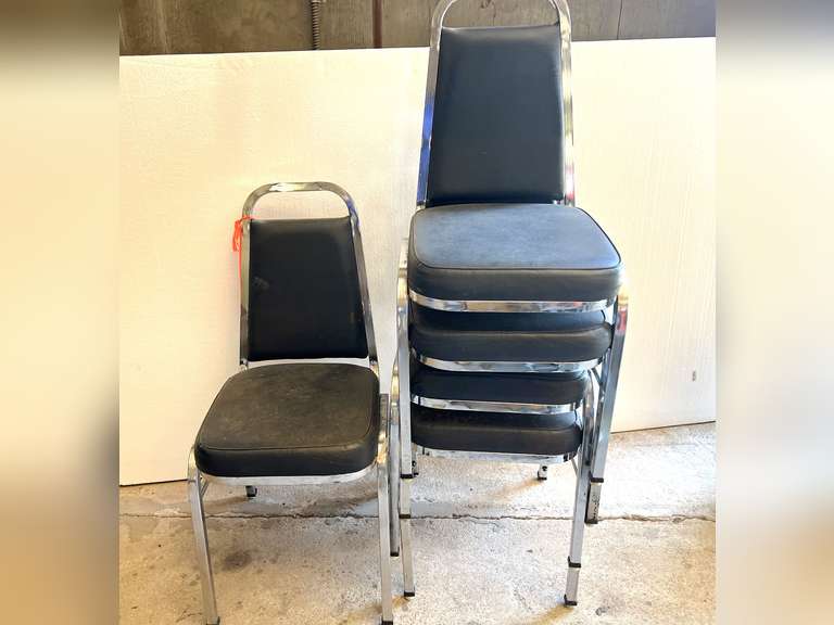 Cushioned seat and back, stackable metal framed office chairs, set of five, see pictures for details. image