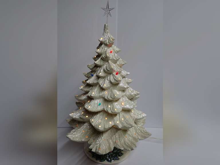 Tall Ceramic Christmas Tree with Lights and Star Topper + Extra Bulbs image
