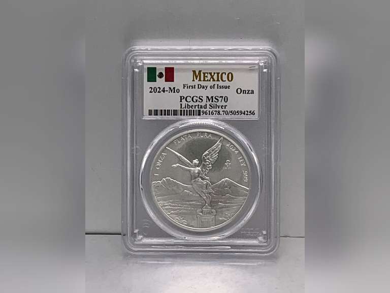 2024-MO ONZA LIBERTAD SILVER MEXICO FIRST DAY OF ISSUE PCGS MS70 GRADED COIN IN CASE image