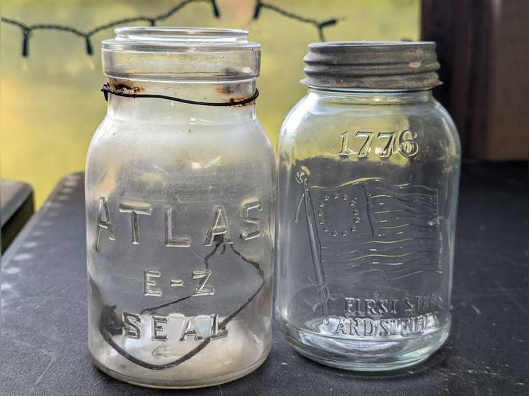 ANTIQUE ATLAS E-Z SEAL BAIL LID MASON JAR AND VINTAGE 1776 FIRST STARS AND STRIPES MASON JAR image