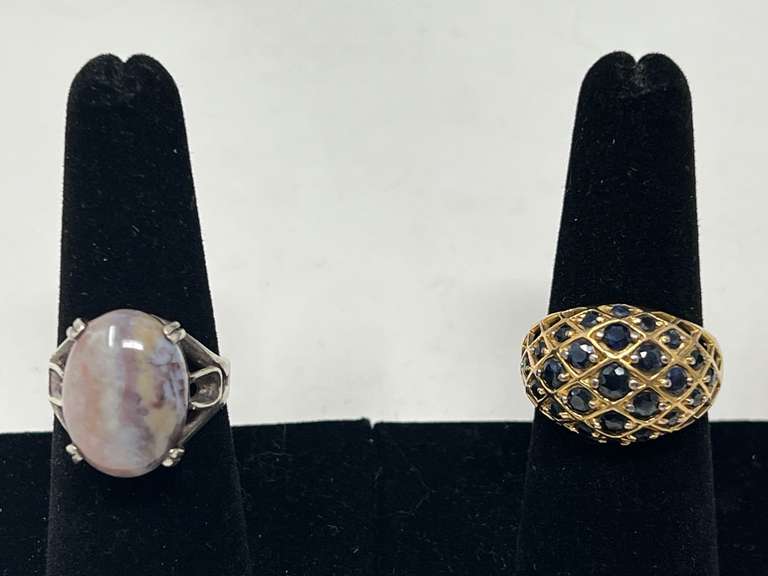 Fashion rings, two pieces, both are stamped 925, includes a gold over silver cluster ring, and classic stone eye ring, believed to be agate, see pictures for details. image