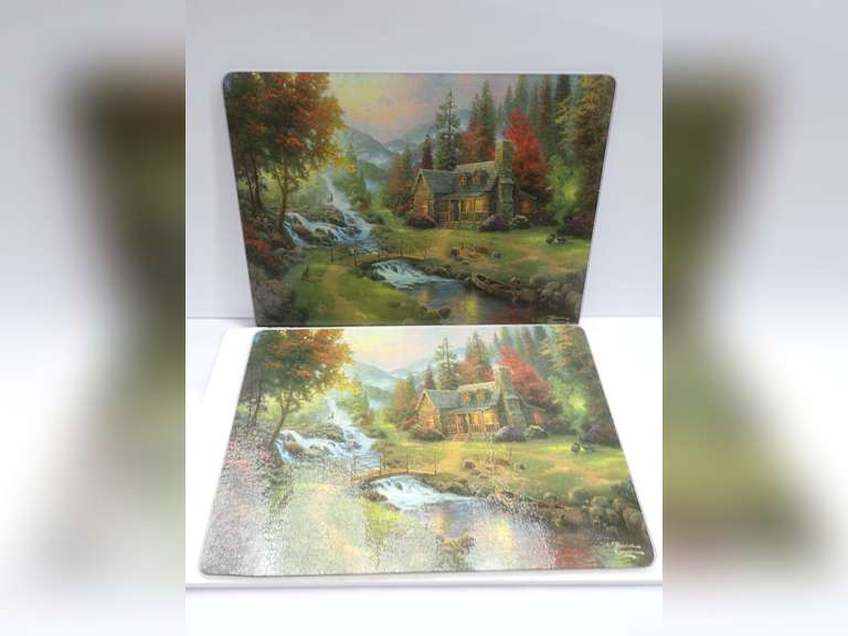 2- Thomas Kinkade Cabin Scene Tempered Glass Cutting Boards image