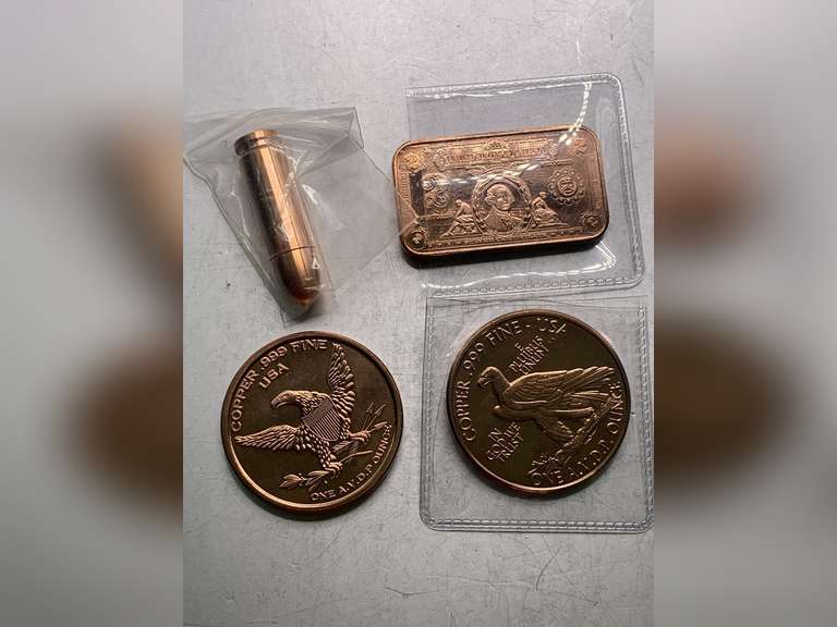 5 OZ OF .999 FINE COPPER - 2 COPPER COLLECTIBLE ROUNDS, 1 COPPER COLLECTIBLE BAR & 1 COPPER COLLECTIBLE BULLET image