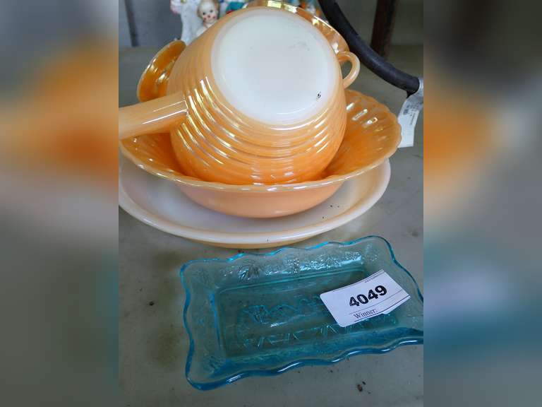 Fire King Peach Luster Set with Blue Glass Tray image