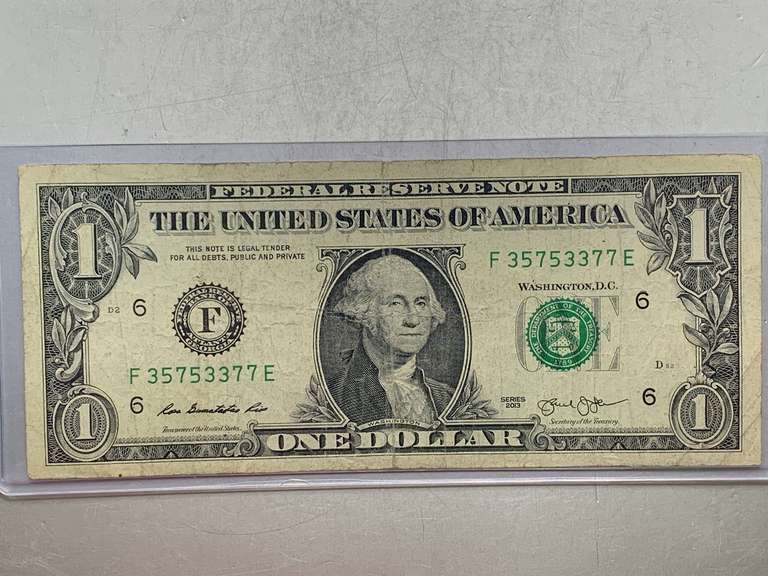 $1 FEDERAL RESERVE NOTE TRINARY BILL 2013 SERIAL NO F35753377E image