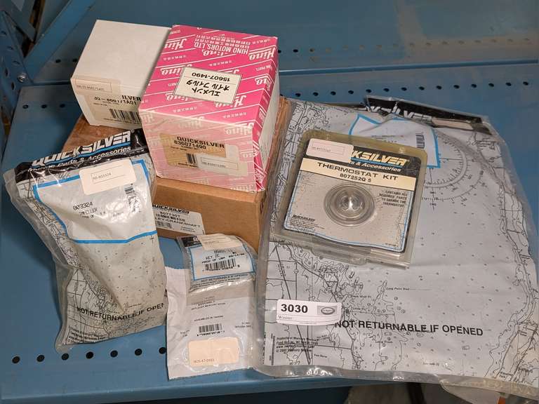 MERCURY / QUICKSILVER PARTS INCLUDING THERMOSTAT, V BELT, JACK SHAFT HARNESS, IMPELLER, CRANKSHAFT PULLEY, AND MORE image