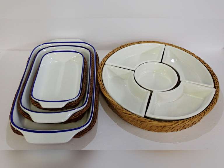 White Ceramic Serving Dishes with Wicker Warming Baskets image