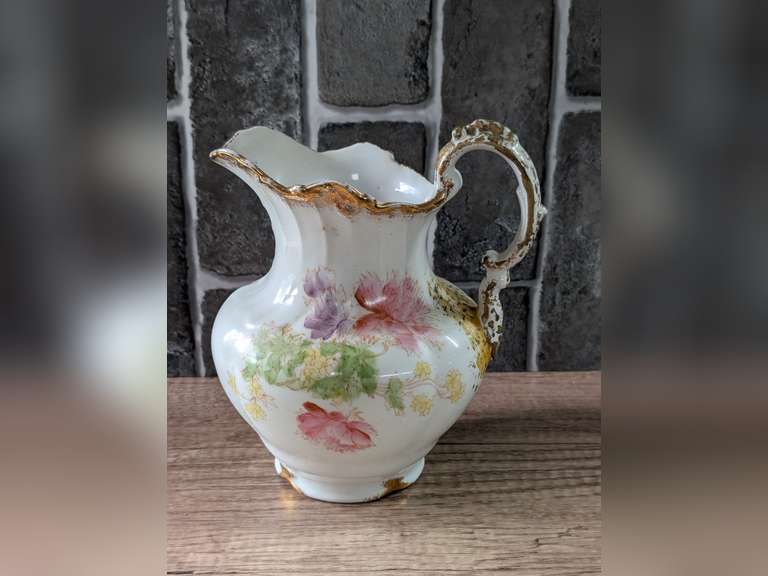 OLD ANEMONE MOTIF HAND-PAINTED PORCELAIN PITCHER image