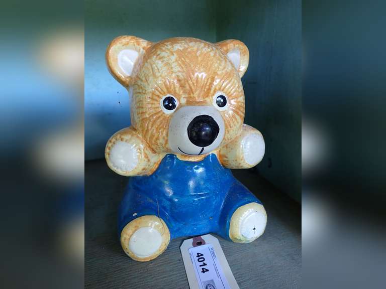 Ceramic Teddy Bear Bank with Overalls image