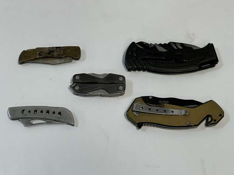 Assorted pocket knives, also includes a Gerber multitool, five pieces, tub is not included, see pictures for details. image