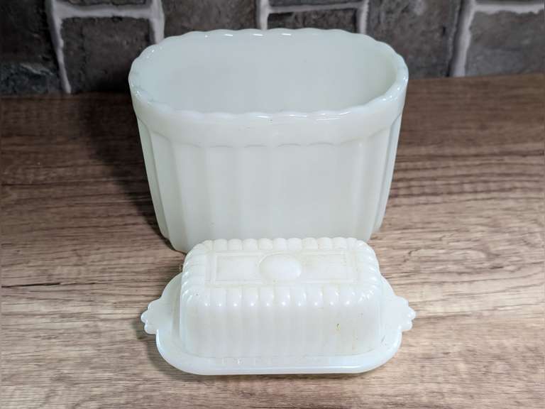 VINTAGE HAZEL-ATLAS HALF STICK BUTTER DISH AND VASE-MATE MILK GLASS PLANTER VASE image