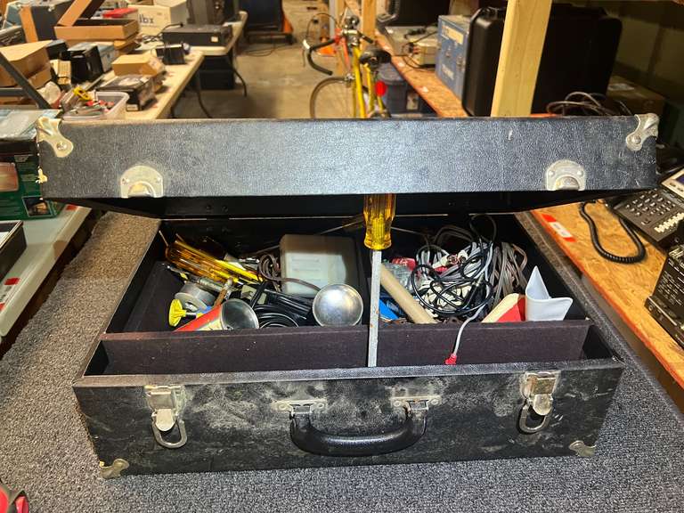 Tool case of assorted tools for electronics repair, includes soldering gun, assorted screwdrivers, fasteners, and more. See pictures for details. image