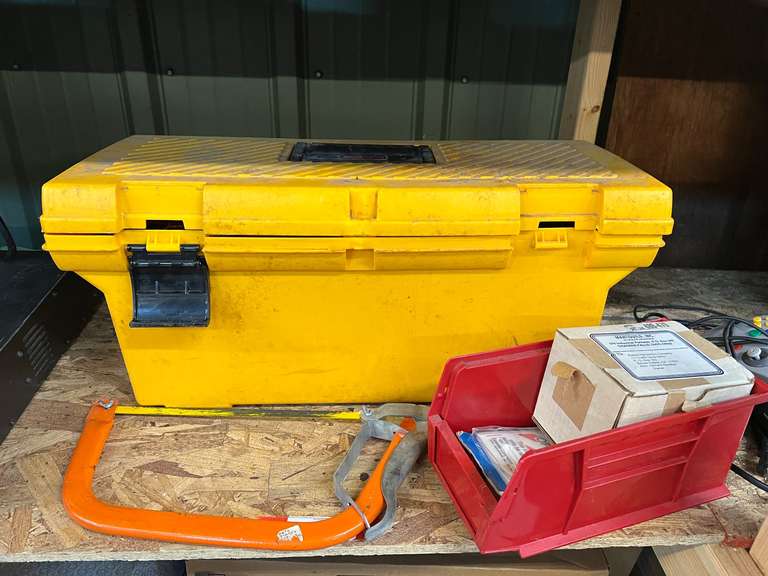 Rubbermaid toolbox of assorted fasteners, cables, and more. See pictures or details. image
