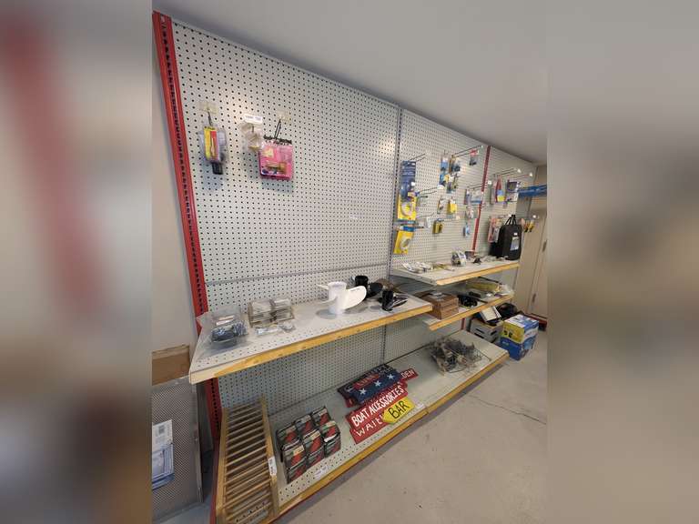 THREE SECTIONS OF METAL RETAIL SHELVING / PEGBOARD, EACH SECTION APPROXIMATELY 4 FT X 7 FT *** SPECIAL PICKUP INSTRUCTIONS *** image