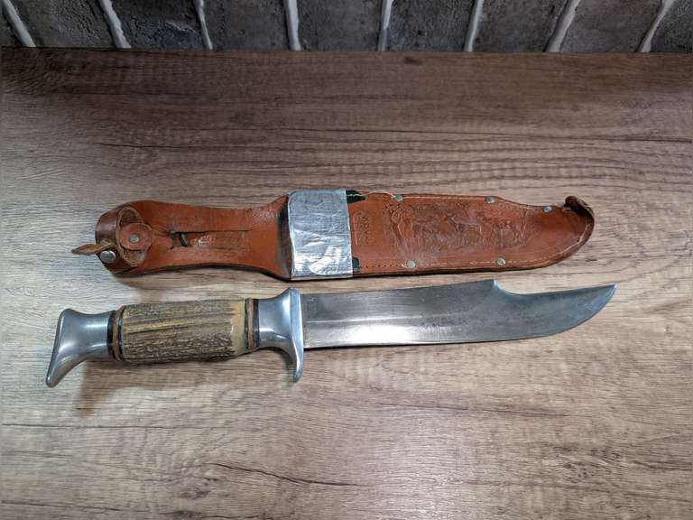 VINTAGE EDGE MARK FIXED BLADE BONE HANDLE HUNTING KNIFE WITH LEATHER SHEATH, MADE IN GERMANY image