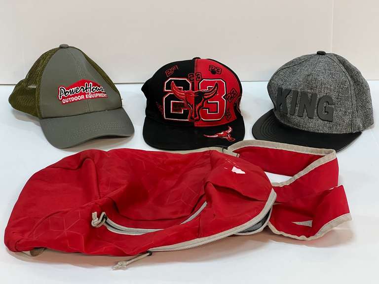 Assorted caps and small backpack, four pieces total, see pictures for details. image
