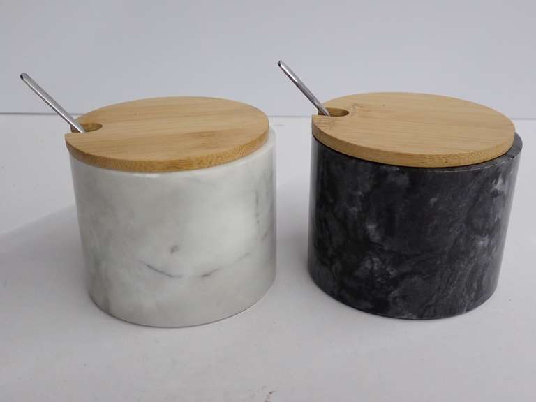 Pair of Marble Condiment Bowls with Spoons and Bamboo Lids image