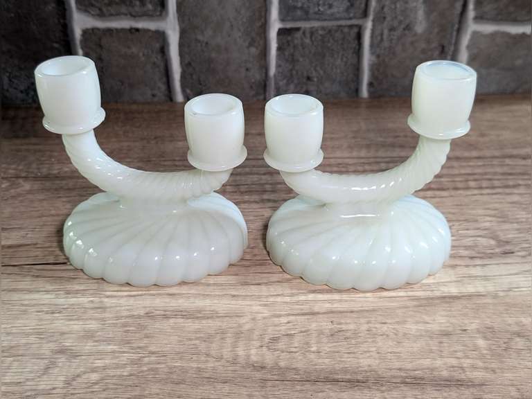 PAIR OF VINTAGE IMPERIAL NEWBOUND SWIRL MILK GLASS DOUBLE CANDLE HOLDERS image