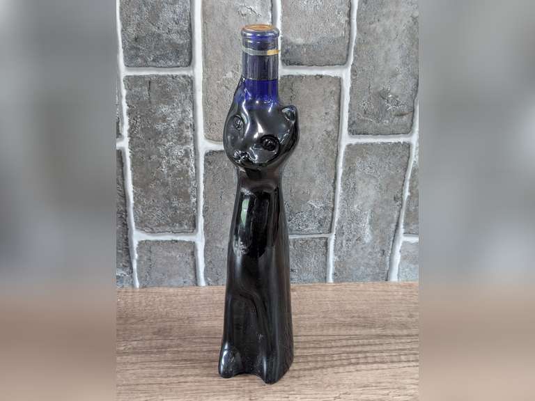 CAT THEME BLUE ART GLASS WINE BOTTLE image