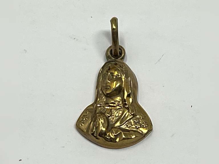 Virgin Mary charm/pendant, this piece of stamped 14 K, NOT VERIFIED, see pictures for details. image