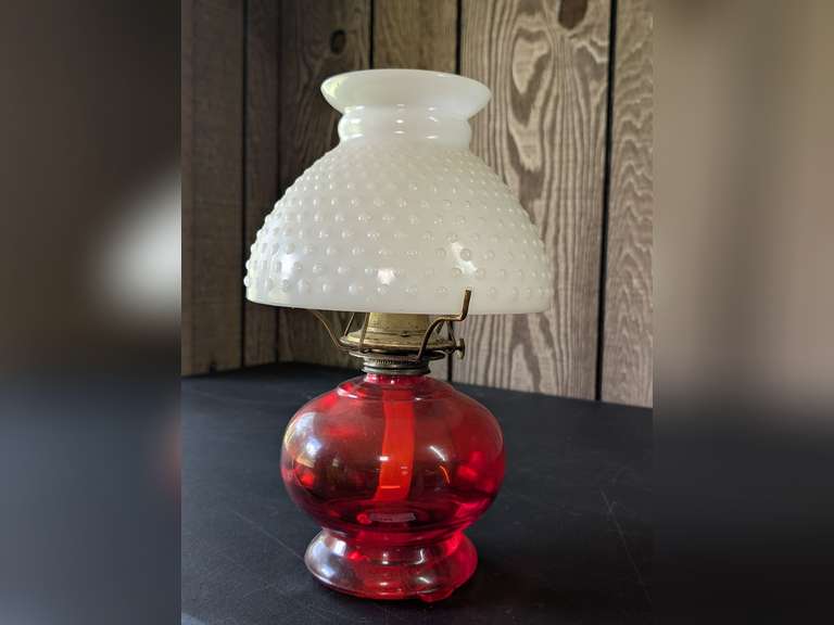 VINTAGE DEEP RED GLASS BODY OIL LAMP WITH HOBNAIL MILK GLASS SHADE image