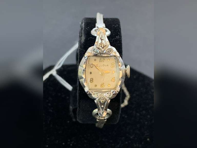 VINTAGE LADIES 10KT WHITE GOLD FILLED BULOVA WATCH WITH DIAMOND CHIPS image
