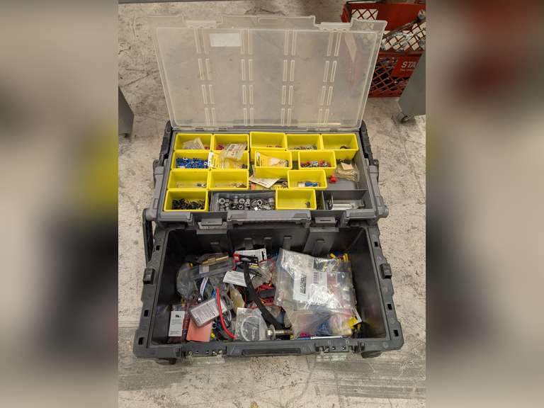 TWO-TIER TOOL BOX WITH ELECTRICAL CONNECTORS, FASTENERS, BRASS FITTINGS, AND MORE image