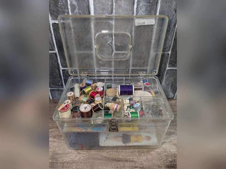 VINTAGE SEWING BOX AND CONTENTS INCLUDING PATTERNS, THREAD, THIMBLE, AND MORE image