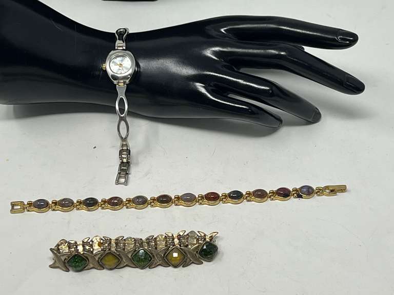 Vintage multistone bracelet, stretch bracelet, and ladies watch. See pictures for details. image