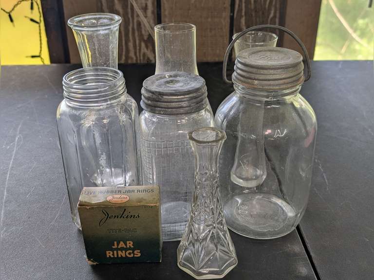 VINTAGE MASON JARS, OLD JENKINS TITE JAR RINGS IN ORIGINAL BOX, HURRICANE SHADE, AND VASES image