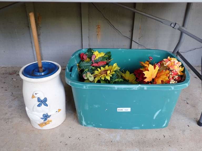 Goose Design Crock with Butter Churn and Decorative Flowers image