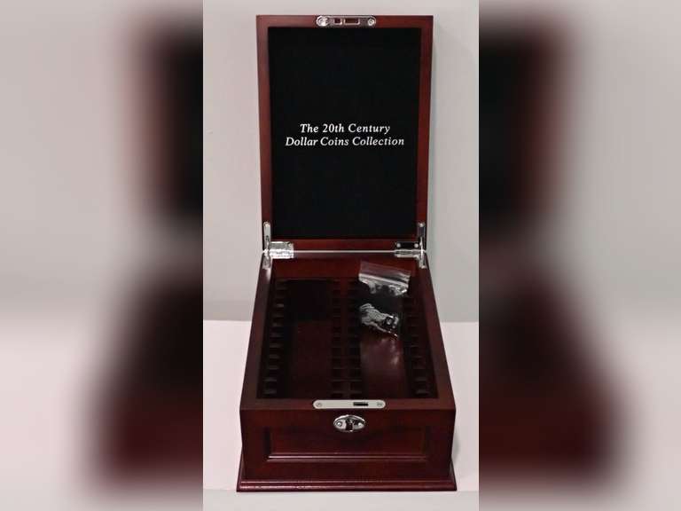 20TH CENTURY DOLLAR COINS WOOD CHEST & KEYS image