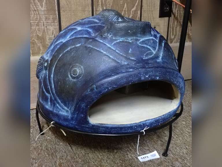 Blue Terracotta Fish Pizza Oven with Stand - Stock photo included also. image