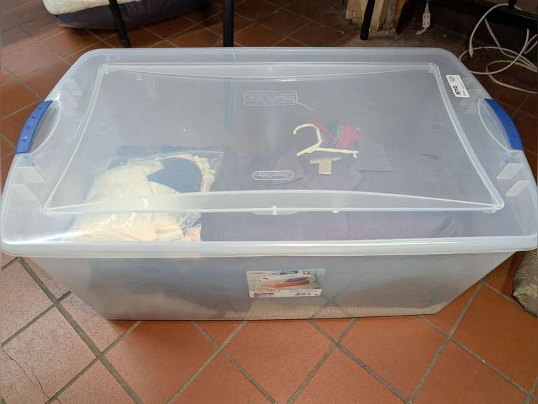 TUB OF LADIES' CLOTHING INCLUDING THREE BUTTON DOWN SHIRTS, THREE PAIRS OF SLACKS, TWO PAIRS OF SHOES, SWEATER, BLAZER, MATCHING CASUAL SHIRT / PANT SET, FABRIC, AND MORE, LADIES SIZE XS AND OTHER SMALL SIZES image