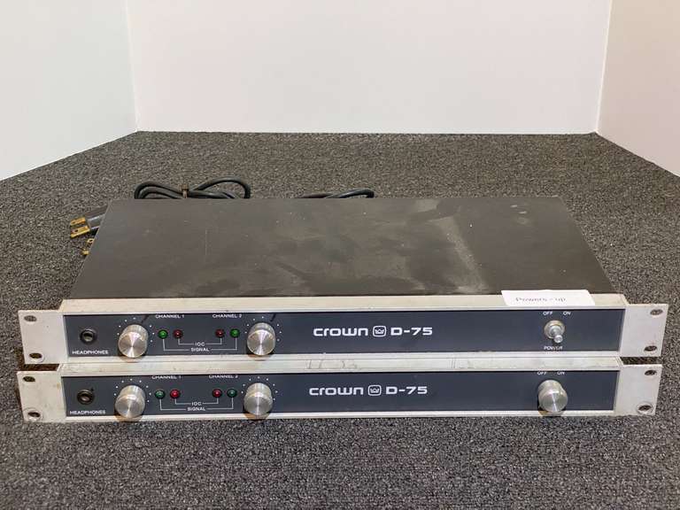 Two Crown D-75 power amplifiers, one powers up, working condition unknown, see pictures for details. image