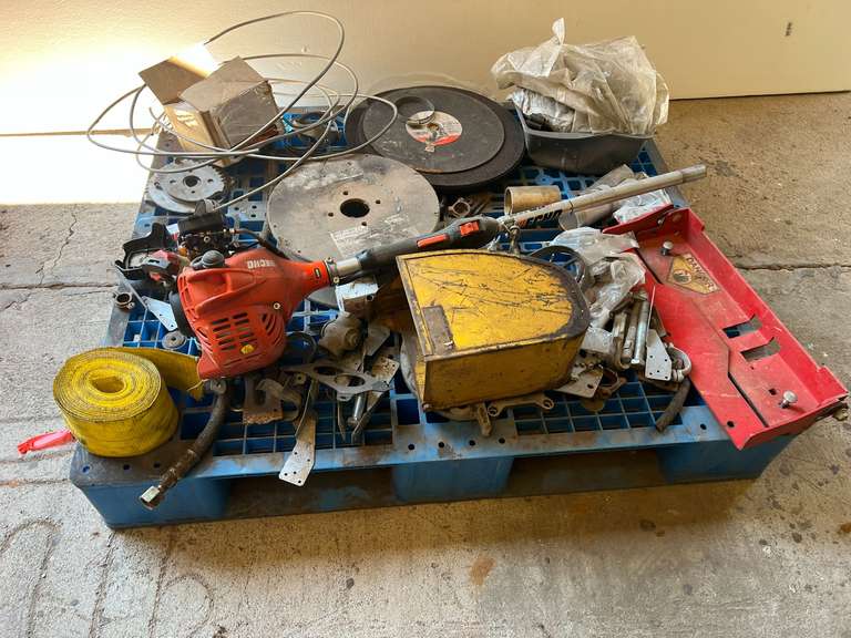 Assorted items to include a partial spool of Excel-Arc 71 flux core wire, 14” masonry blades, tubing, fasteners, and more. Pallet is not included, see pictures for details. image