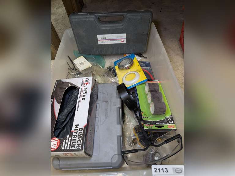 CLEAR PLASTIC TUB AND CONTENTS INCLUDING NEW IN PACKAGE TROLLING MOTOR PLUG, NEW IN PACKAGE LED MARINE INTERIOR LIGHT, VARIABLE PIN SPANNER WRENCH, WATERPROOF CONNECTORS, UNIVERSAL MARINE IGNITION SWITCH WITH KEY, DEWALT BITS, AND MORE image