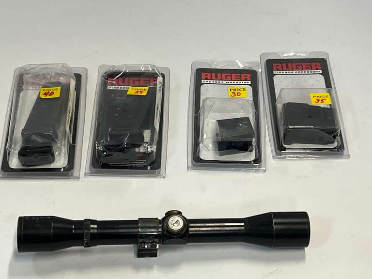 Assorted Ruger magazines, all are still in original packaging, also includes a Tasco 2.5 x 32 scope, see pictures for details. image