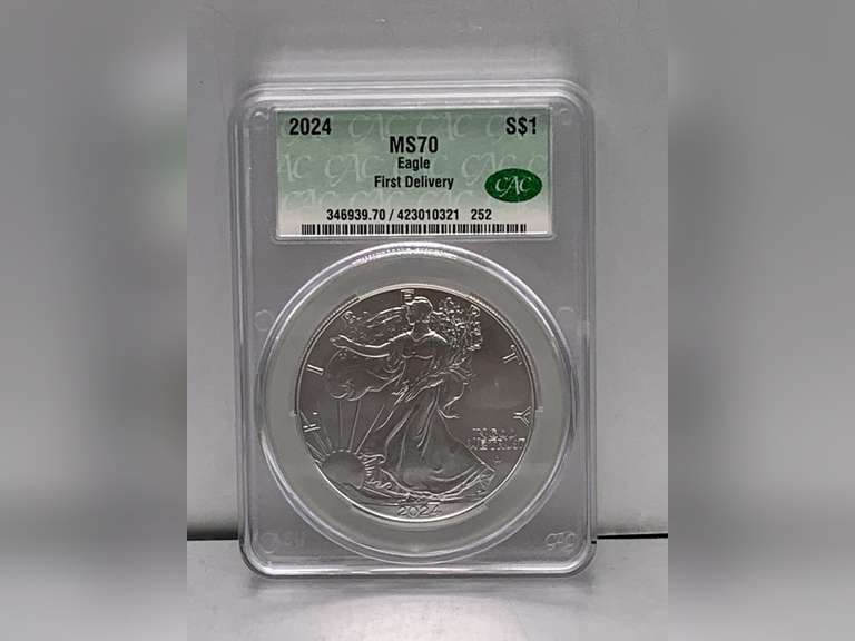 2024 EAGLE $1 FIRST DELIVERY MS70 CAC GRADED 1 OZ FINE SILVER COIN IN CASE image