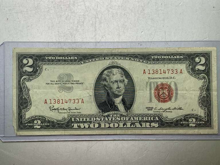 $2 RED SEAL UNITED STATES NOTE 1963 SERIAL NO A13814733A image