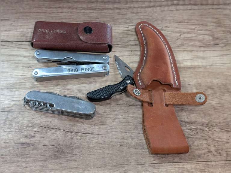 OHIO FORGE STAINLESS STEEL MULTI-TOOL WITH SHEATH, MAXAM SMALL LOCKBACK KNIFE, LEATHER KNIFE BELT HOLSTER, AND SWISS ARMY KNIFE image