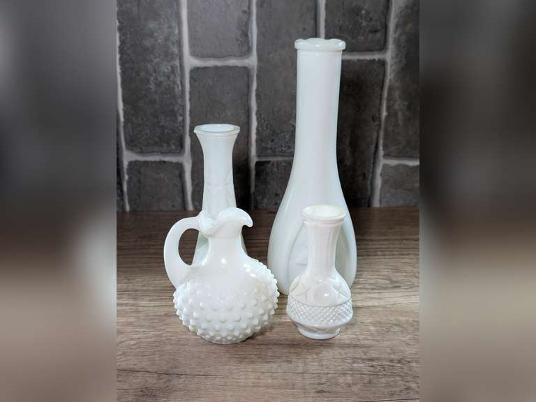 VINTAGE MILK GLASS VASES AND CREAMER INCLUDING HOOSIER GLASS, AVON, AND MORE image