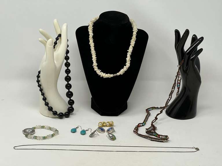 Ladies fashion estate jewelry to include beaded necklaces, ladies Geneva watch with beaded band, earrings, and more. See pictures for details. image