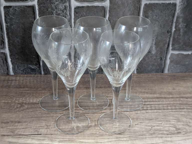 FIVE CRYSTAL STEMS WITH ETCHED FLORAL DESIGN image