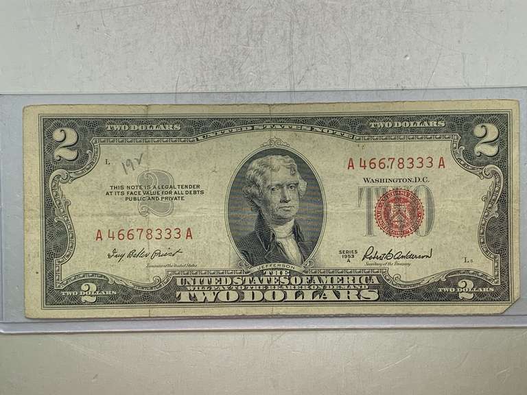 $2 RED SEAL UNITED STATES NOTE DOUBLE NUMBER 1953A SERIAL NO A46678333A image