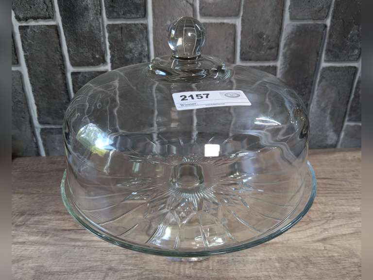 VINTAGE ANCHOR HOCKING CANFIELD GLASS PEDESTAL CAKE STAND WITH LARGE GLASS DOME image