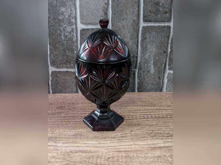 VINTAGE LUMINARC DURAND CRISTAL D'ARQUES RUBY RED GLASS EGG SHAPED CANDY DISH WITH LID image
