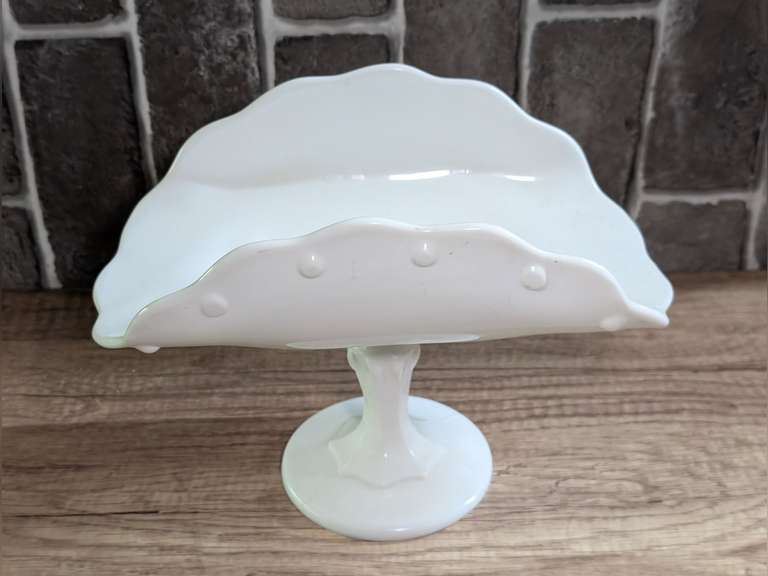 VINTAGE INDIANA GLASS WHITE MILK GLASS LARGE BANANA BOAT PEDESTAL BOWL image